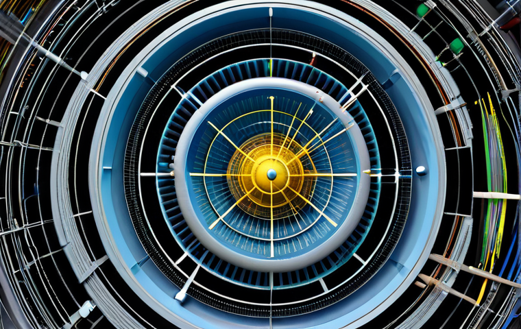 Collider Experiment Visualization**

A visualization of particle collisions inside the Large Hadron Collider, focusing on the detection of B-meson decays. Include graphical representations of particle tracks and decay products.  Modern physics research environment. Safe for work, appropriate content, fully clothed researchers in lab coats, professional, perfect anatomy, natural proportions, high quality rendering.

**