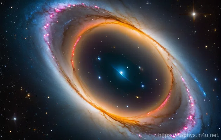천체물리학과 중력 렌즈 - **"A breathtaking astronomical image showcasing a perfect Einstein Ring, formed by the gravitational...