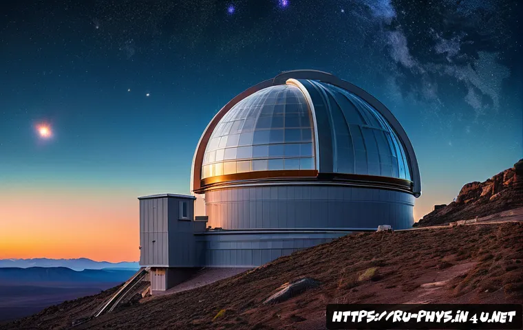 암흑 물질 탐색 기술 - A highly detailed digital painting of the Vera C. Rubin Observatory at dusk, featuring its large tel...