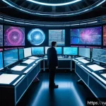 Home 19 고에너지 물리학 실험 - A futuristic scientific laboratory scene showcasing a massive next-generation particle collider, ill...