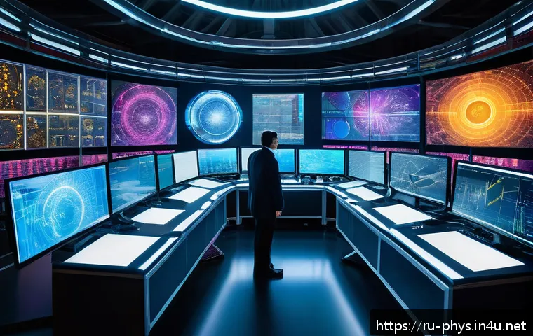 고에너지 물리학 실험 - A futuristic scientific laboratory scene showcasing a massive next-generation particle collider, ill...