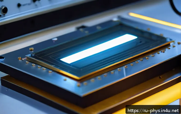 카시미르 효과 연구 - A highly detailed close-up of two parallel metallic plates at nanometer distance in a vacuum chamber...