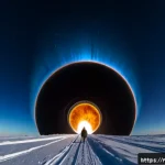 블랙홀 열역학 - Photorealistic cinematic view of a supermassive black hole above a vast Russian Arctic landscape at ...