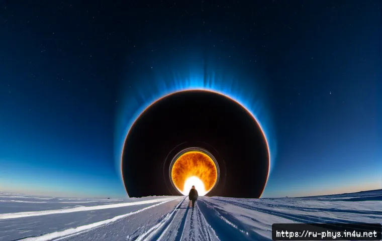 블랙홀 열역학 - Photorealistic cinematic view of a supermassive black hole above a vast Russian Arctic landscape at ...