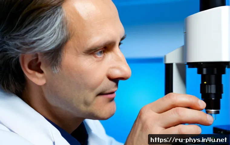 Home 17 나노물리학과 나노소자 - Photorealistic Russian nanophysics laboratory, middle-aged scientist in a clean white lab coat caref...