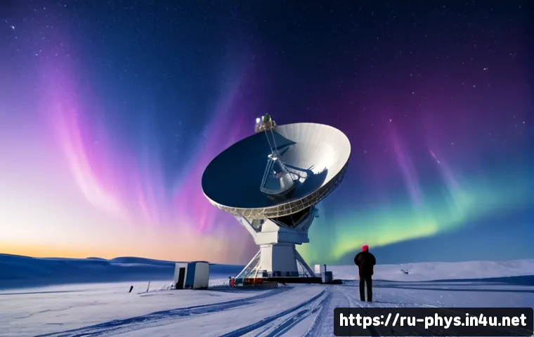 우주론과 빅뱅 이론 - Photorealistic wide view of a remote Russian Arctic observatory at night, a large radio telescope di...